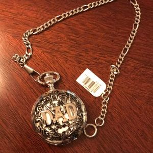 Men’s Dad pocket watch silvertone with chain. New.